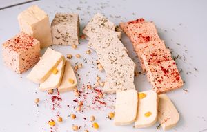 Three types of Balasan tofu: classic, with paprika, with herbs (thyme). at Balasan Tofu in Yerevan