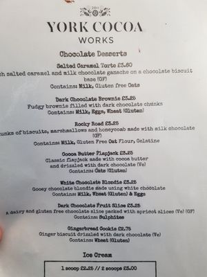 Menu at York Cocoa Works in York