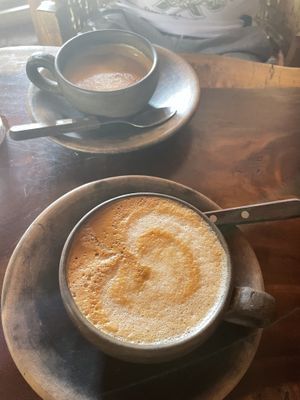 Cappuccino with soy milk and flat white with almond milk.  at Malagua in Puerto Escondido