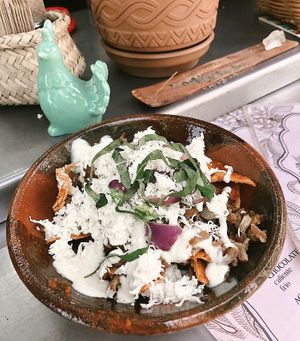 Chilaquiles rojos   at Mandragora Vegan in Mexico City