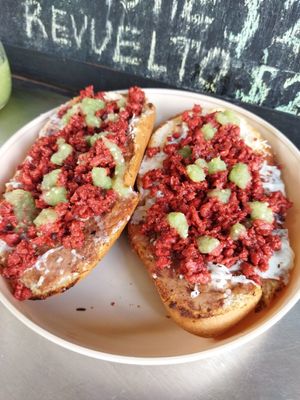 Molletes: frijoles, queso gratinado, chorizo y salsita. at Mandragora Vegan in Mexico City