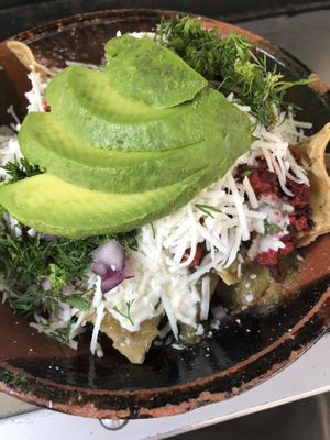 Chilaquiles con chorizo   at Mandragora Vegan in Mexico City