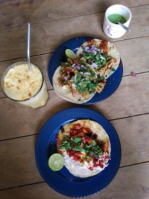 Golden milk, Tacos: Campechano, Milanesa y Alambre at Mandragora Vegan in Mexico City