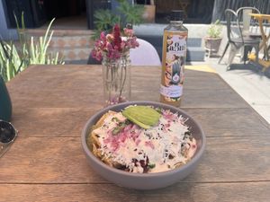 Chorizo chilaquiles   at Mandragora Vegan in Mexico City