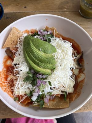 Chilaquiles rojos   at Mandragora Vegan in Mexico City