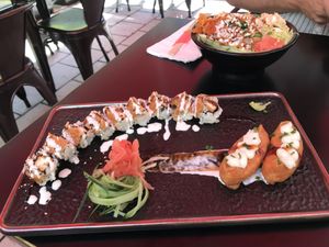 Poke Bowl, Sahara Roll, Chives and Cream Inari Boats  at Salmoon in Miami