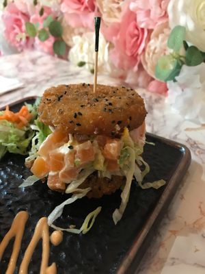 Sushi burger with salmon and avocado  at Salmoon in Miami