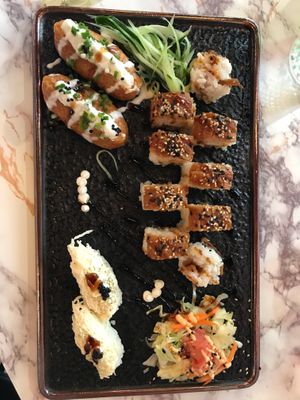 Mozzarella inari boats, Sahara roll and chives and cream boat  at Salmoon in Miami