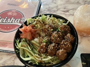 Teriyaki Beyond Meat Balls rice bowl  at Salmoon in Miami