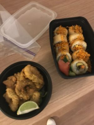 Calamari and Japanko roll at Salmoon in Miami