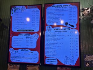 Menu as of November 2025  at The Mason Jar Coffee & Gelato in Helen