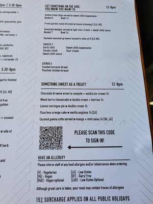Menu at Edge in Geelong