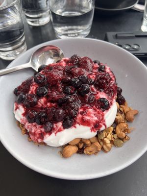 Granola with coconut yoghurt and berriess  at Edge in Geelong