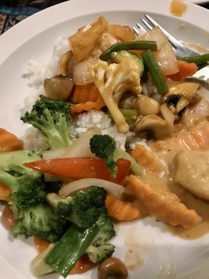 Massaman curry (my fave), coconut rice and lots of veg   at Ploy Thai in Falmouth