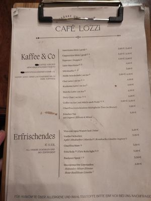 Menu at Cafe Lozzi in Munich