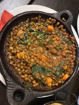 Ensalada de lentejas y espinaca (lentils, squash, spinach, pumpkin seeds)  at Gussto Tapas Bar in Durham