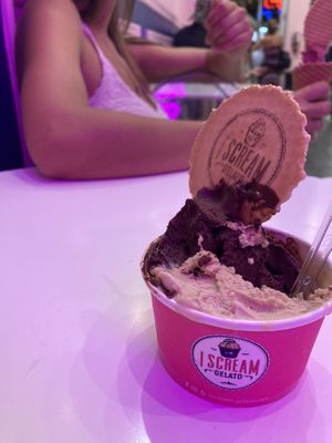 Chocolate and pistachio mix  at I Scream Gelato in Miami Beach