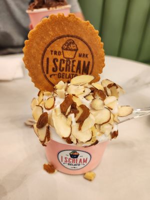 Coconut ice cream with almond topping at I Scream Gelato in Miami Beach