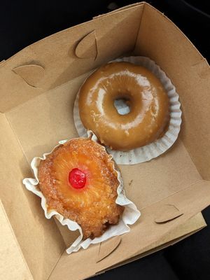 Pineapple upside down cake and vegan maple glazed donut at Haven On Earth Bakery & Deli in Reno