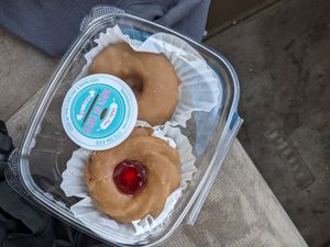 Vegan maple donut and maple swirl with vegan whipped cream at Haven On Earth Bakery & Deli in Reno