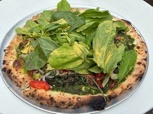 Vegan Pizza (Pesto Sauce variant) at Cafe Beaujolais in Mendocino