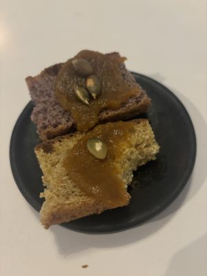 Complimentary bread with a pumpkin spreadd  at La Maria in Cuenca