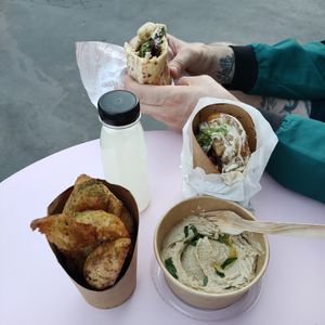Hummus + fried bread, frites maison, sabich pita at La Sabicherie in Paris