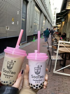 Bubble coffee with oat milk & Taro coconut milk  at SooTea in Amsterdam