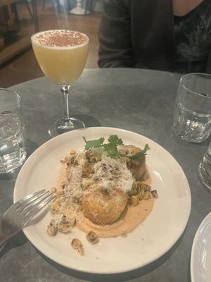 corn cakes and the orange dessert cocktail   at Wildseed  in Palo Alto