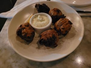 Mushroom zapolle puffs w lemon and tartar sauce at Wildseed  in Palo Alto
