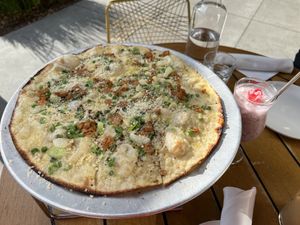 The Carbonara Flatbread with faba milk bechamel and tempeh bacon + the I Got Ube cocktail (definitely try this!)   at Wildseed  in Palo Alto