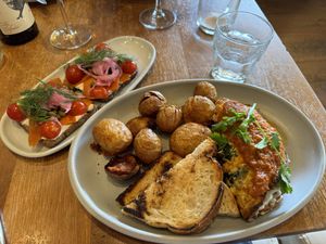 Spicy sausage omelette, carrot lox toast  at Wildseed  in Palo Alto