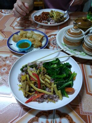 Lunch buffet rice with tofu&veg,and greens (30 baht), plus spring rolls (10 each) at Ming Kwan in Chiang Mai