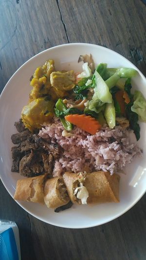 3 dishes from buffet, rice and spring rolls at Ming Kwan in Chiang Mai