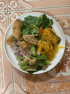 Spring roll, morning glory?, squash, purple rice, spring roll at Ming Kwan in Chiang Mai