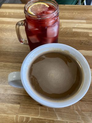 Hibiscus iced tea and Americano with oat milk.   at Sabor A Vida Cafe & Deli in Vista