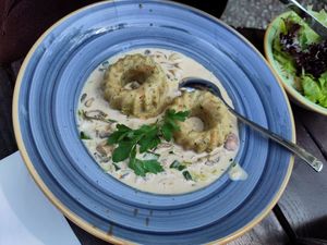 Champignon - leek cream goulash with gugelhuof-shaped  bread-dumpling at Landgasthof Löwen in Aitrach
