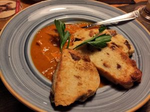 Pumkin-cream-goulash with roasted Bohemian bread-dumplings at Landgasthof Löwen in Aitrach