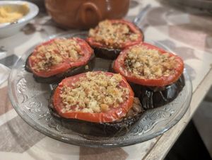 Eggplant topped with cinnamony lentils and tomato at O Linós in Paphos
