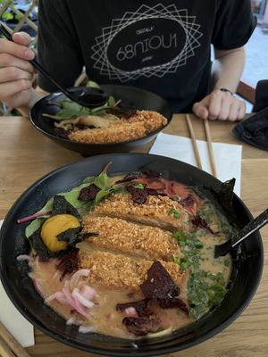 Front: Schabowy with egg; Back: Vegan AF with fried strips I regret sharing  at Vegan AF Ramen Katowice in Katowice