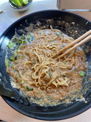 This is the ramen after eating half. There’s not  much “water”, so it’s not really like a soup  at Vegan AF Ramen Katowice in Katowice
