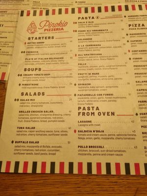 Menu at Pinokio Pizzeria in Zakopane