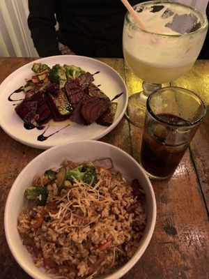 Stir fried rice with soy sauce and barbecued beetroot with mashed potatoes and veggies    at Casa Antoliana in Palenque