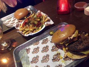 Triple and Single vegan burger with fries  at Fupburger in Norwich