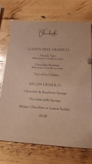 The vegan dessert menu that I had nothing from because I was stuffed! at Blacksmith Arms in Lastingham