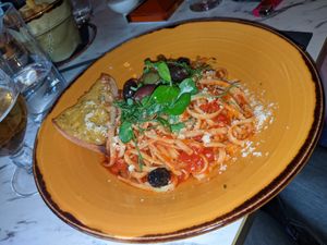 Vegan linguine with garlic bread at 85 Secret Garden  in Newcastle-under-lyme
