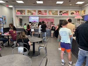Interior, facing the donut counter  at Once Bitten Donuts in Red Bank