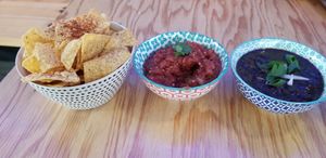 Chips, salsa and black beans at Proper Taco in Midland