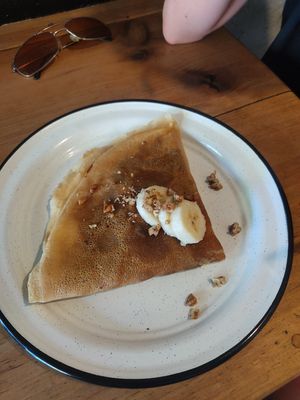 Vegan Chocolate, Sugar and cinnamon crepe with Banana and nuts at El Gecko in Mazunte