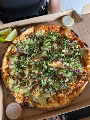 Pizza Suadero - Vegan Meat, Onions, Coriander, Guacamole & Lime at Salvaxe in Mexico City
